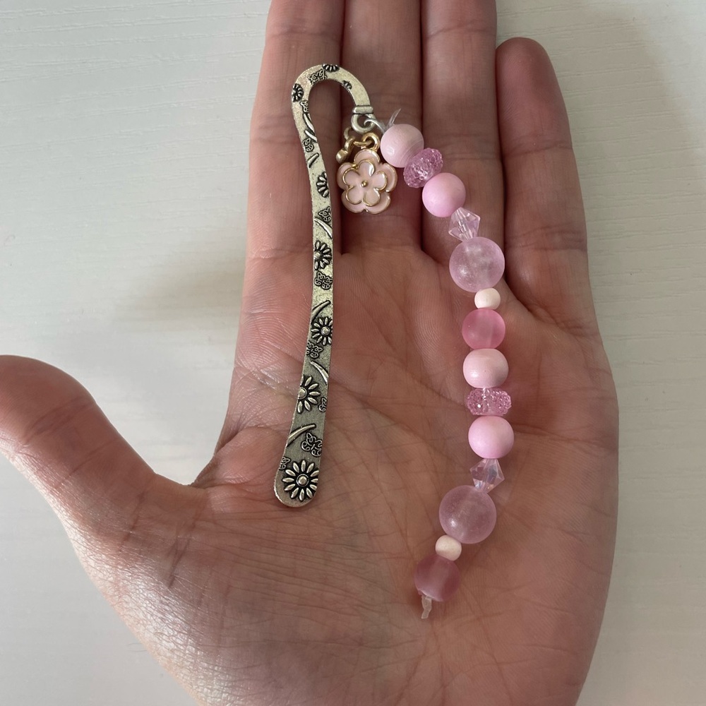 Floral Silver Bookmark with Pink Beads